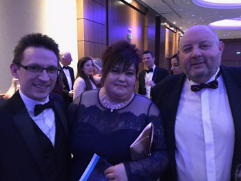 L-R)â€“ Jack Sturdy, Winner- Multi-Site Manager ; Julia King, Finalist- Education;  Steve Baxendell- Winner Care Catering.